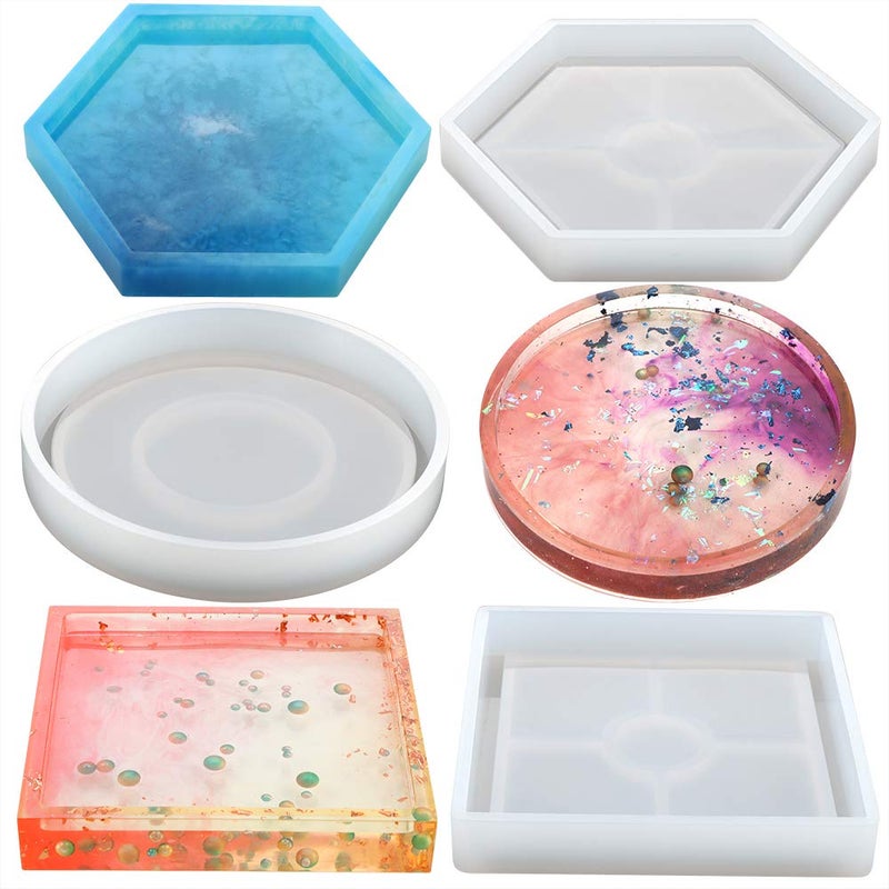 VTurboWay 3 Pack DIY Coaster Silicone Mold, Include Round, Square, Hexagon, Molds for Casting with Resin, Cement - Image 1